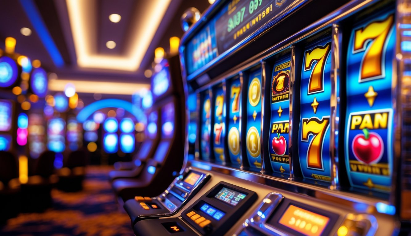 Mesin slot modern yang menyala dengan simbol kemenangan di dalam kasino mewah.