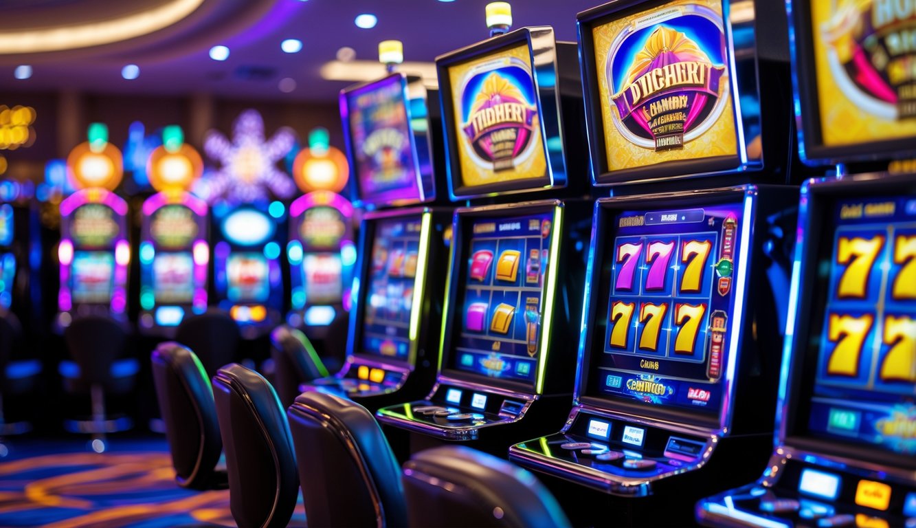 Area mesin slot kasino modern dengan beberapa mesin slot berwarna cerah dan layar digital yang menampilkan simbol-simbol berputar.