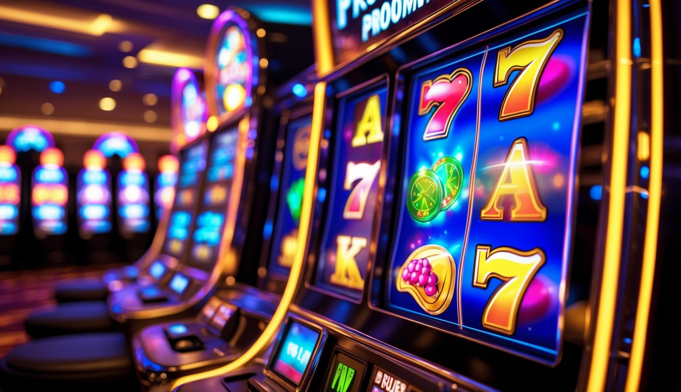 Mesin slot modern dengan simbol warna-warni yang sedang menampilkan kombinasi kemenangan di dalam kasino.