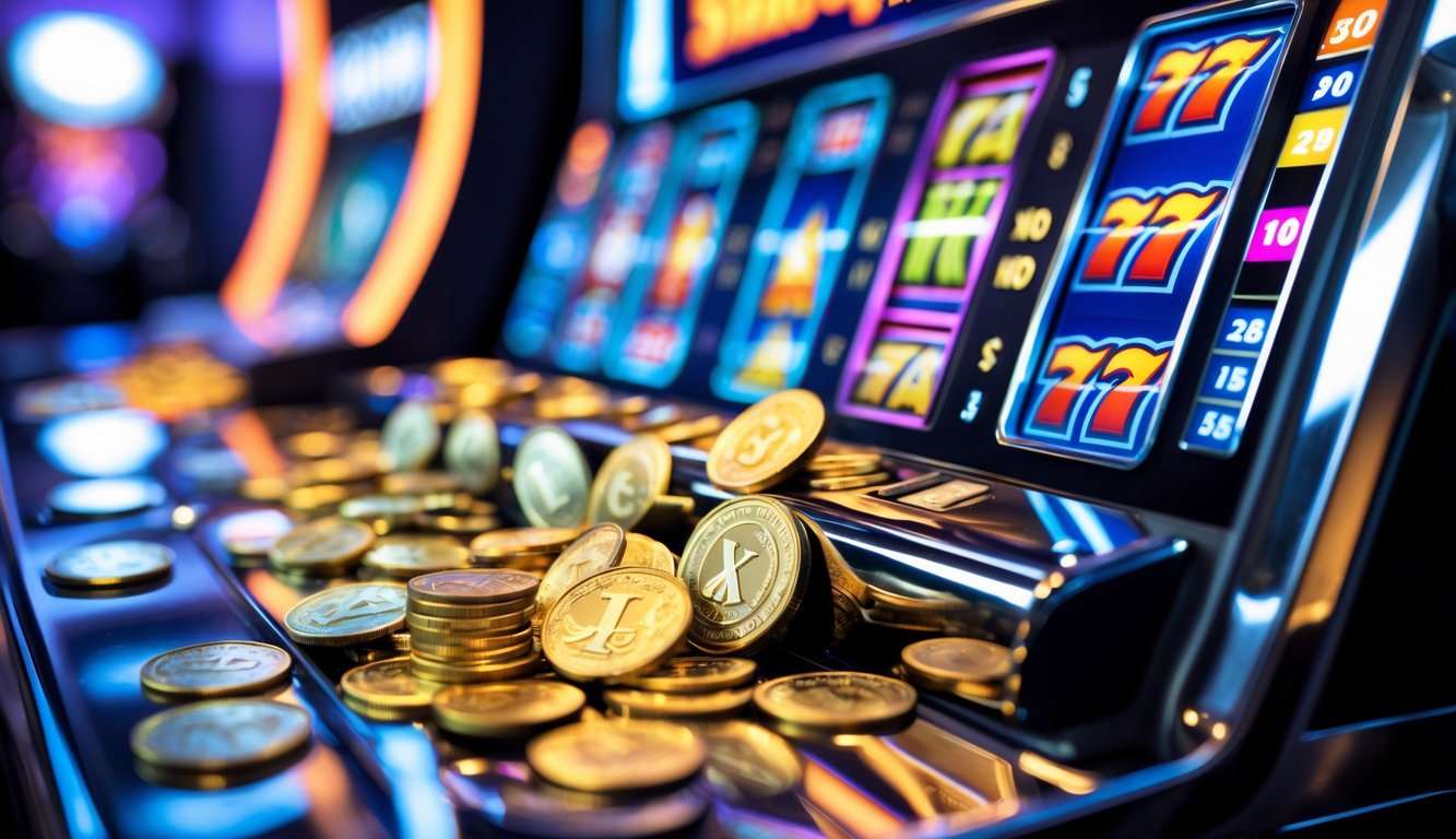 Mesin slot kasino modern dengan koin dan token yang tumpah setelah menang jackpot.
