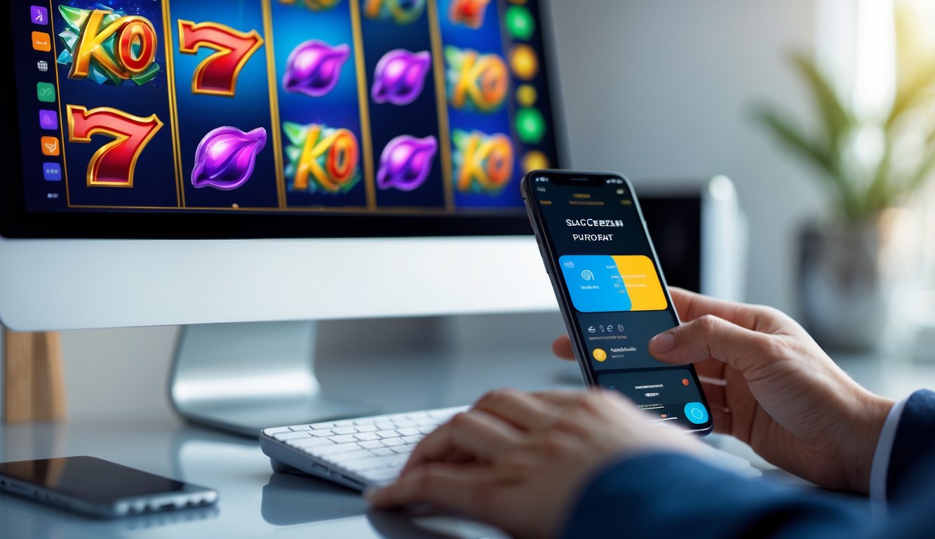 Seseorang menggunakan komputer dan ponsel untuk bermain game slot online dengan tampilan layar yang berwarna-warni dan antarmuka pembayaran digital.
