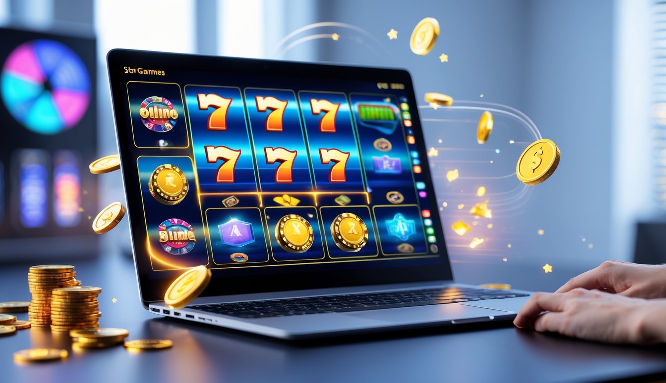 Sebuah meja kerja modern dengan laptop menampilkan permainan slot online dan simbol kemenangan di sekitarnya.