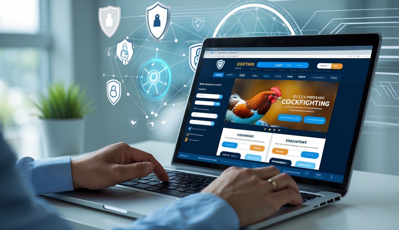 Seseorang menggunakan laptop di meja kerja dengan tampilan situs web taruhan sabung ayam online yang profesional dan terpercaya.