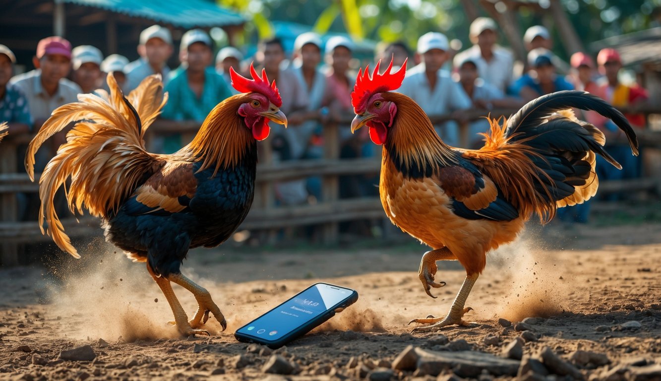Pertandingan sabung ayam tradisional dengan dua ayam jantan bertarung di depan penonton yang antusias di luar ruangan.