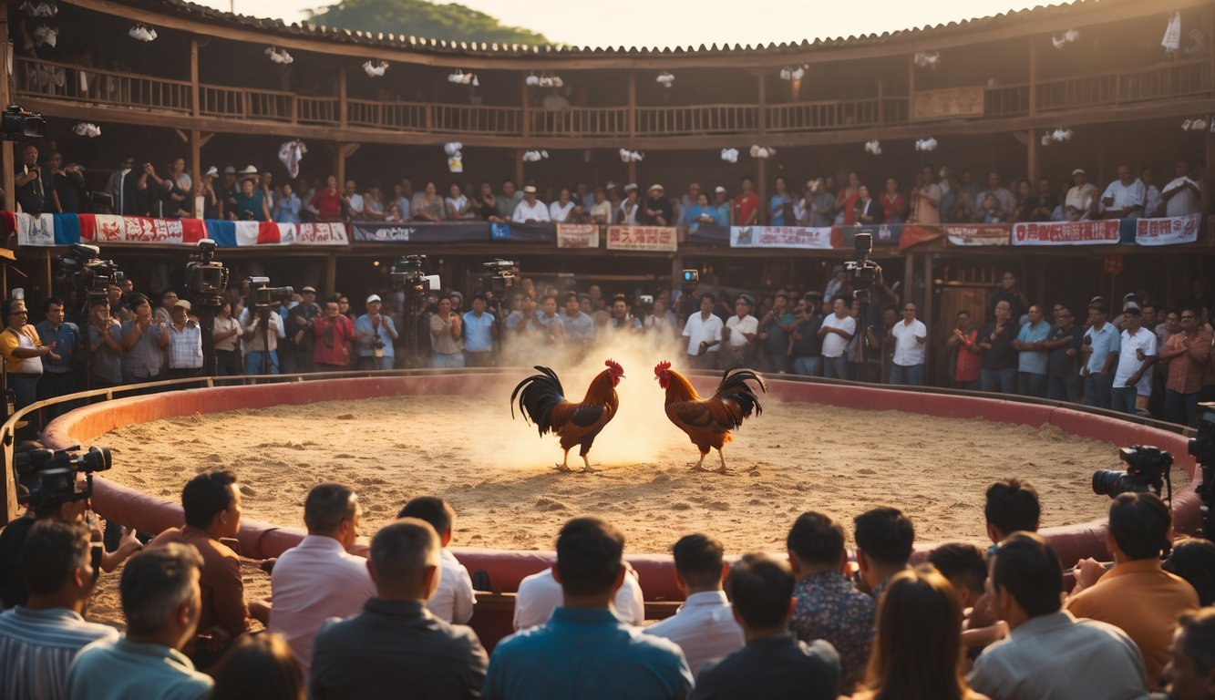 Suasana arena sabung ayam dengan dua ayam aduan sedang bertarung di tengah, dikelilingi oleh penonton yang antusias dan peralatan streaming yang tersembunyi.