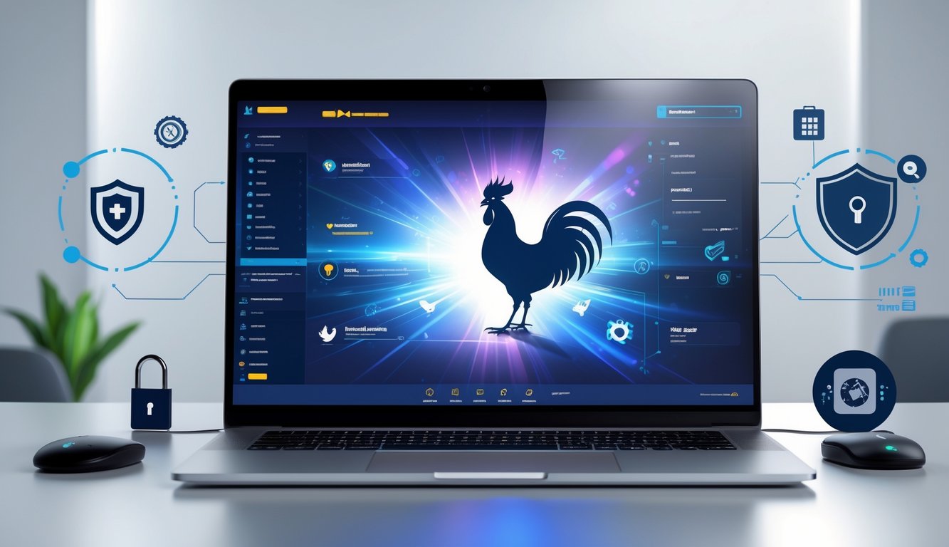 Suasana ruang kerja digital modern dengan laptop menampilkan antarmuka permainan online dan simbol ayam jago, dikelilingi ikon keamanan dan jaringan digital.