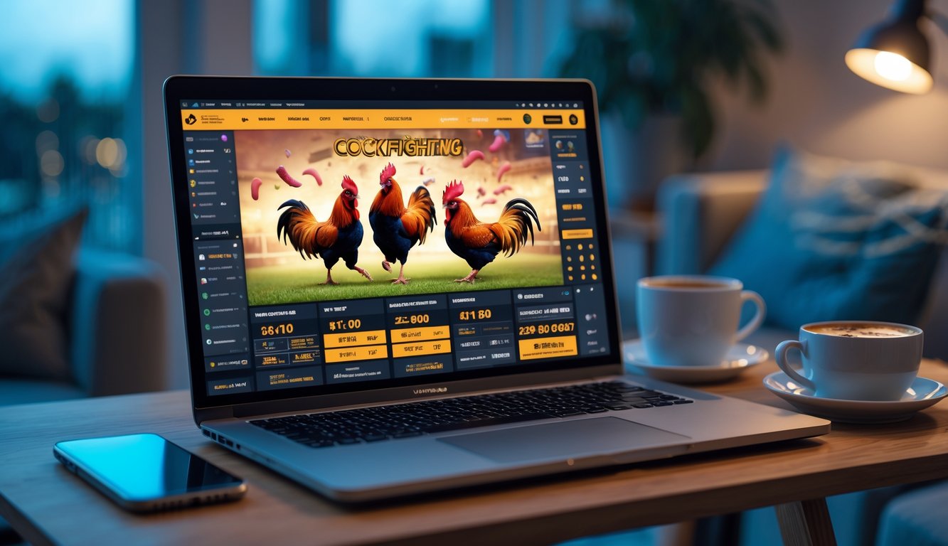 Sebuah ruang kerja modern dengan laptop yang menampilkan situs pertandingan sabung ayam online dengan suasana malam hari.