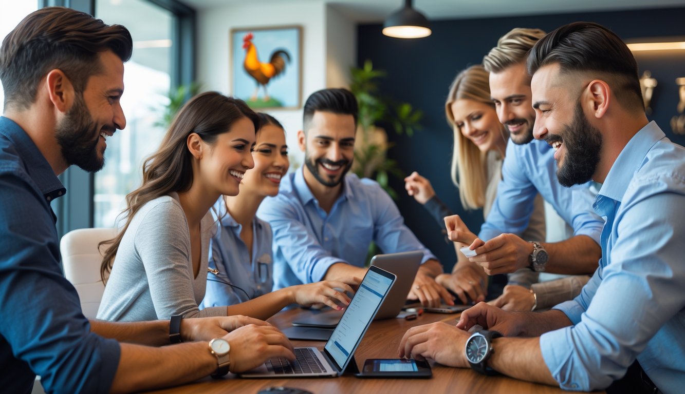 Orang-orang sedang mendaftar di sebuah kantor agen sabung ayam dengan suasana ramah dan profesional.