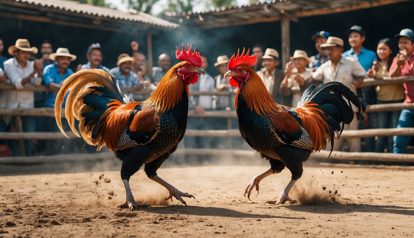Dua ayam jago sedang bertarung di arena dengan penonton yang antusias mengamati di sekeliling.