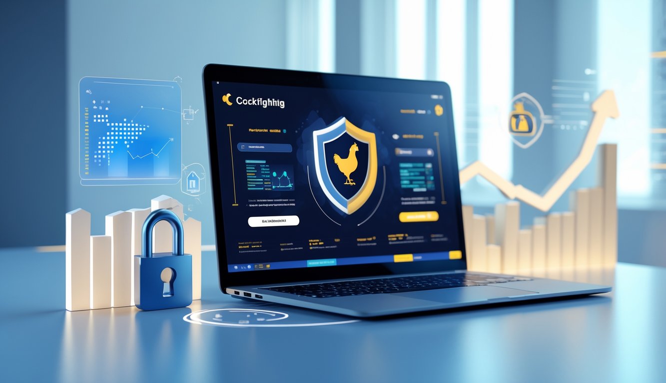 Sebuah ruang kerja modern dengan laptop yang menampilkan antarmuka abstrak terkait taruhan online ayam, dilengkapi simbol keamanan dan grafik digital.