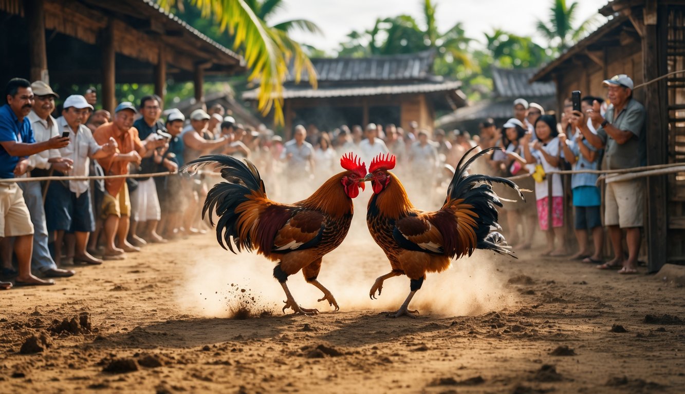 Dua ayam jago sedang bertarung di arena terbuka dikelilingi oleh penonton yang antusias.