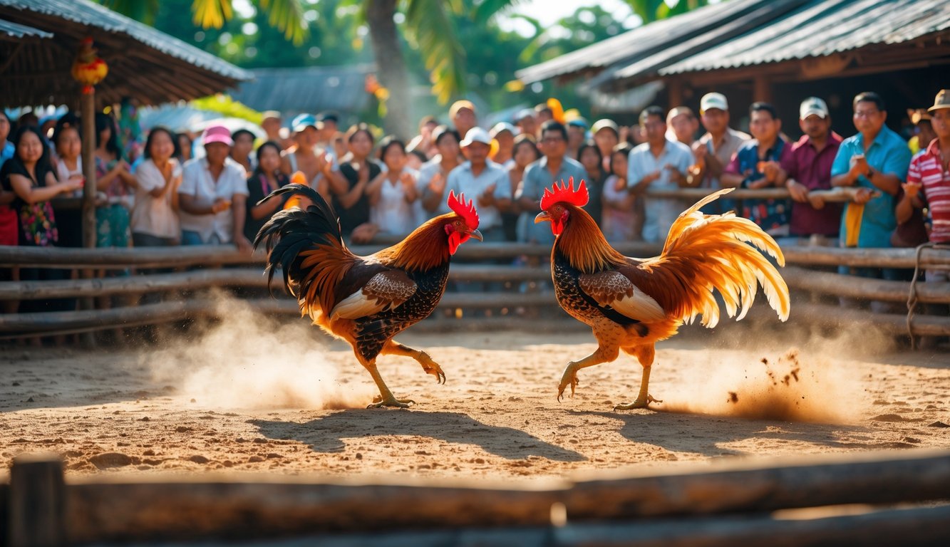 Dua ayam jago sedang bertarung di arena sabung ayam dengan penonton yang antusias di sekelilingnya.