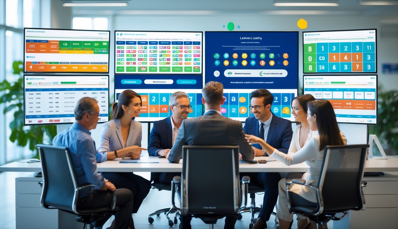 Sekelompok orang dewasa sedang bekerja bersama di kantor modern dengan beberapa layar komputer yang menampilkan grafik dan angka terkait lotere online.