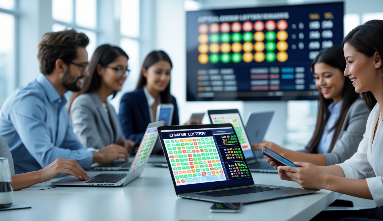 Orang-orang menggunakan perangkat digital di kantor modern dengan layar menampilkan grafik dan angka lotre online.