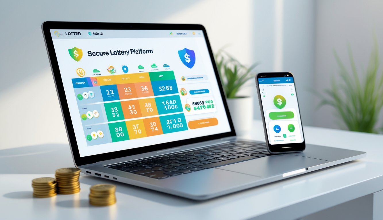 Seorang pengguna mengoperasikan laptop dan ponsel dengan antarmuka aplikasi togel online yang aman dan terjangkau di meja kerja yang rapi.