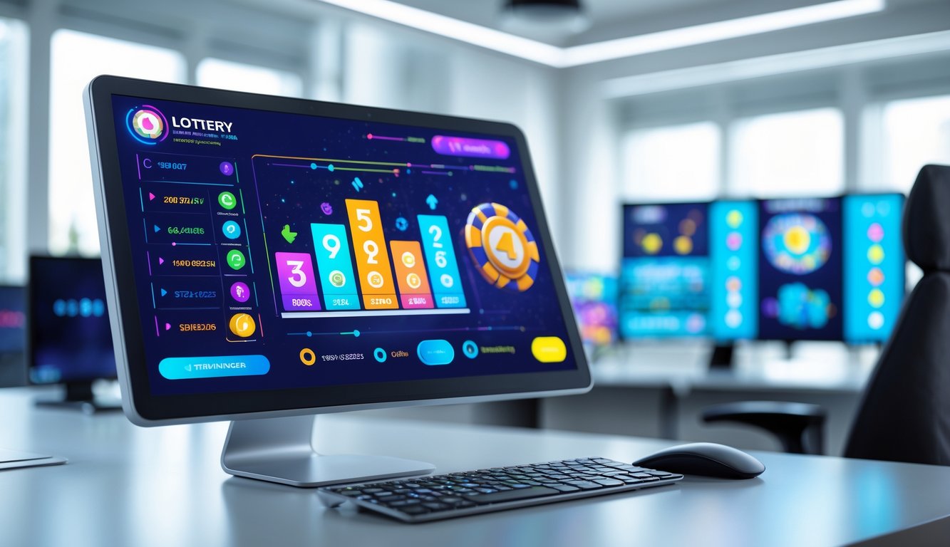 Sebuah ruang kerja modern dengan komputer menampilkan antarmuka digital berwarna-warni terkait aktivitas lotere online tahun 2025.