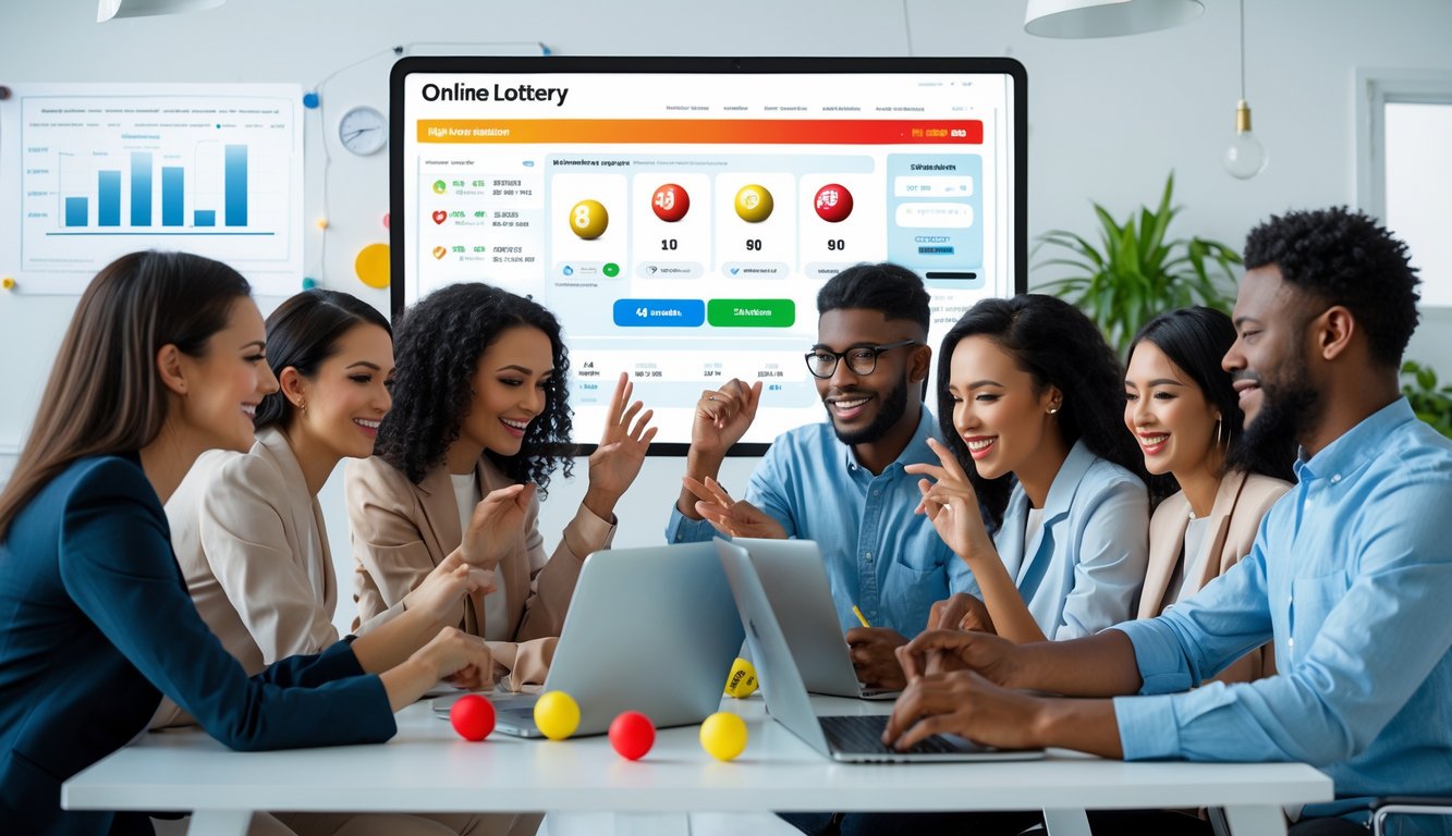 Sekelompok orang muda sedang menggunakan laptop dan ponsel di kantor modern untuk bermain togel online dengan suasana ceria.