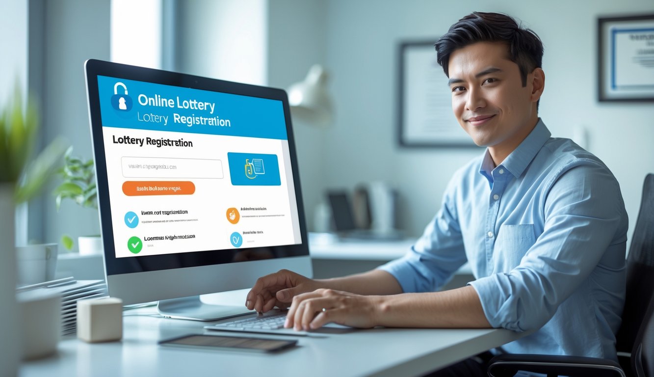 Seseorang duduk di depan laptop di kantor yang rapi, sedang mendaftar togel secara online dengan suasana yang tenang dan profesional.