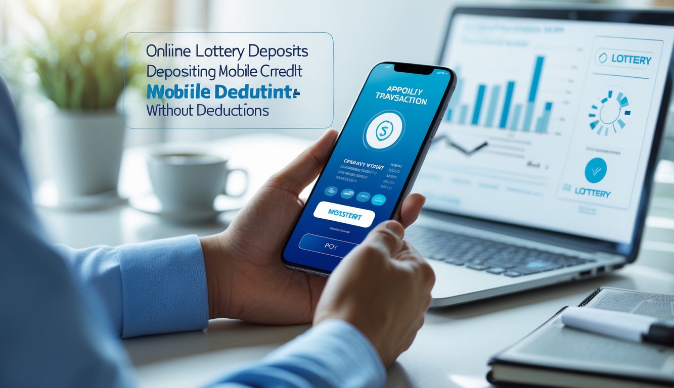 Tangan seseorang memegang ponsel dengan aplikasi pembayaran digital terbuka di atas meja kerja minimalis.