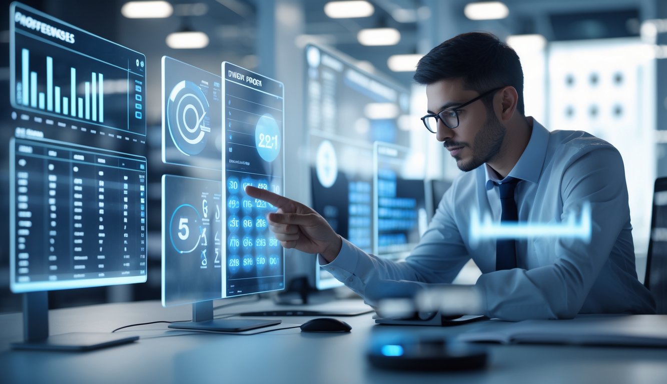 Seorang profesional sedang menganalisis data prediksi togel harian di depan beberapa layar digital dalam kantor modern.