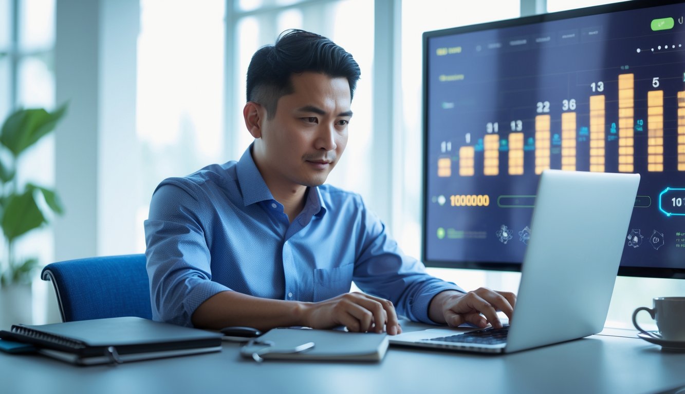 Seorang pria Indonesia duduk di meja kantor modern sambil melihat layar laptop dengan fokus.