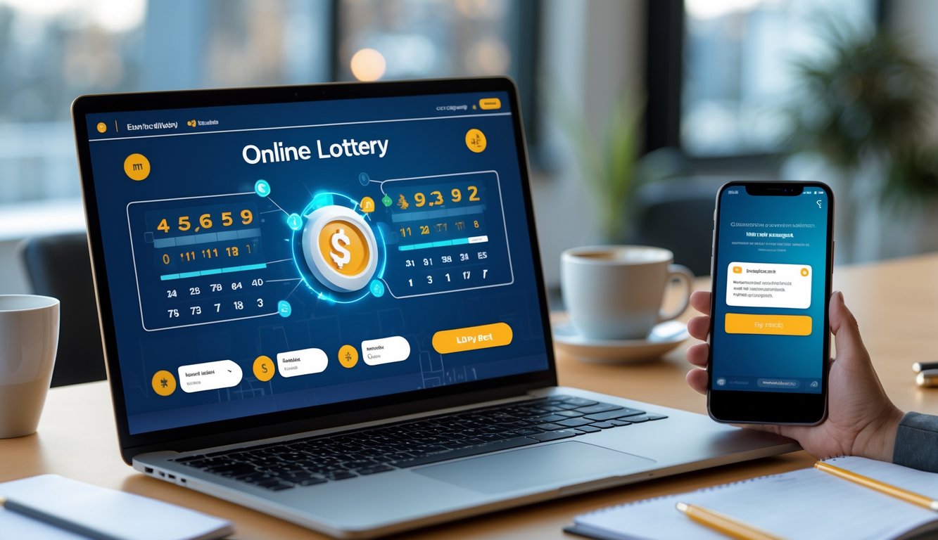 Meja kerja modern dengan laptop dan ponsel yang menampilkan antarmuka lotere online dan notifikasi pembayaran berhasil.