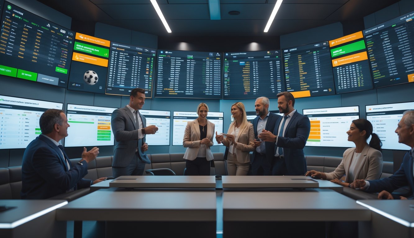 Sekelompok orang dewasa sedang melihat layar digital besar yang menampilkan statistik pertandingan sepak bola dan peluang taruhan dalam ruangan modern.
