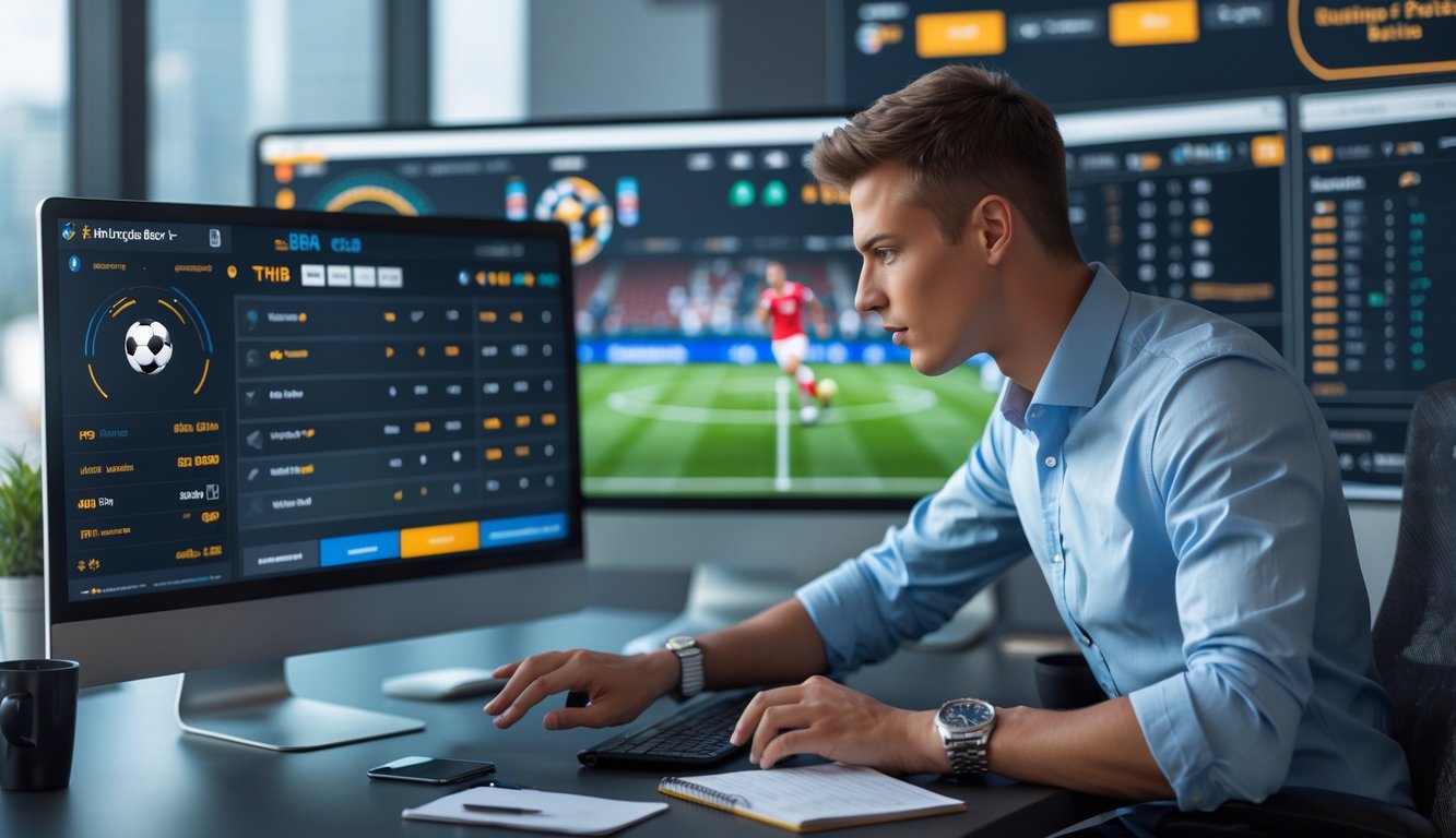 Seorang pria muda sedang bekerja dengan beberapa layar komputer yang menampilkan pertandingan sepak bola dan data taruhan dalam sebuah kantor modern.