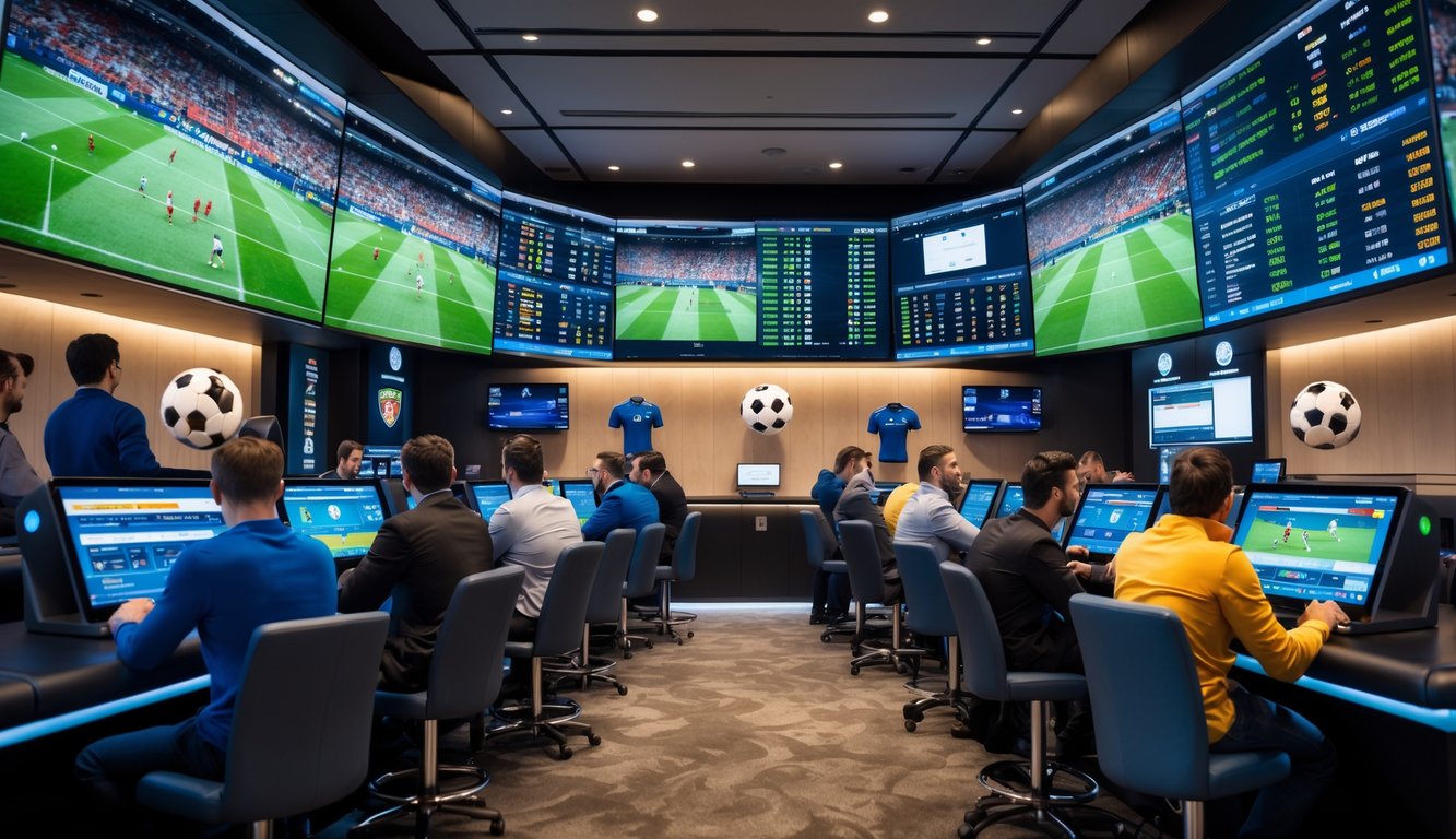 Orang-orang di ruang taruhan sepak bola modern yang sedang menonton pertandingan dan menggunakan perangkat elektronik untuk memasang taruhan.