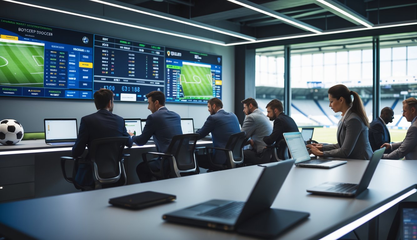Orang-orang di ruang kantor modern sedang melihat pertandingan sepak bola dan menggunakan perangkat elektronik untuk memasang taruhan.