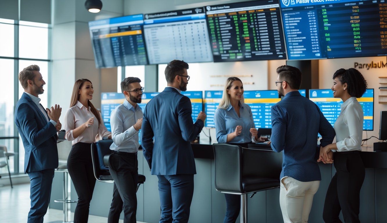 Orang-orang sedang berdiskusi dan melihat layar besar dengan pertandingan sepak bola dan statistik di kantor taruhan olahraga.