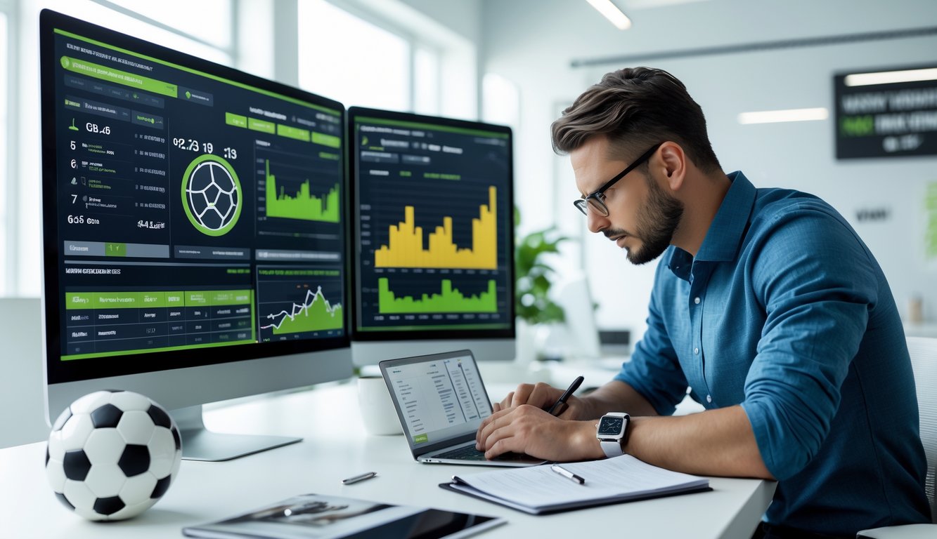 Seseorang sedang menganalisis data statistik sepak bola di depan komputer di ruang kerja yang rapi.