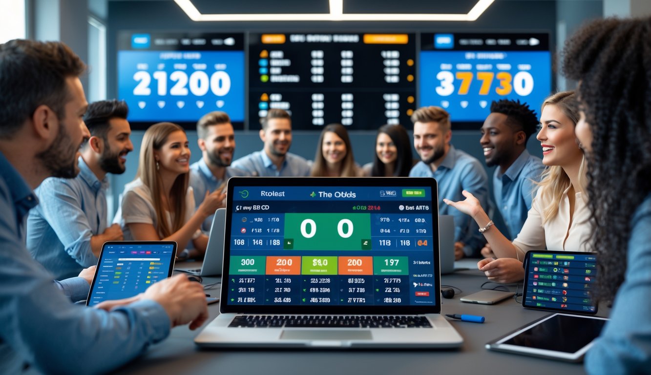 Orang-orang sedang melihat dan berdiskusi tentang peluang taruhan sepak bola dengan layar digital menampilkan angka dan grafik peluang tertinggi.