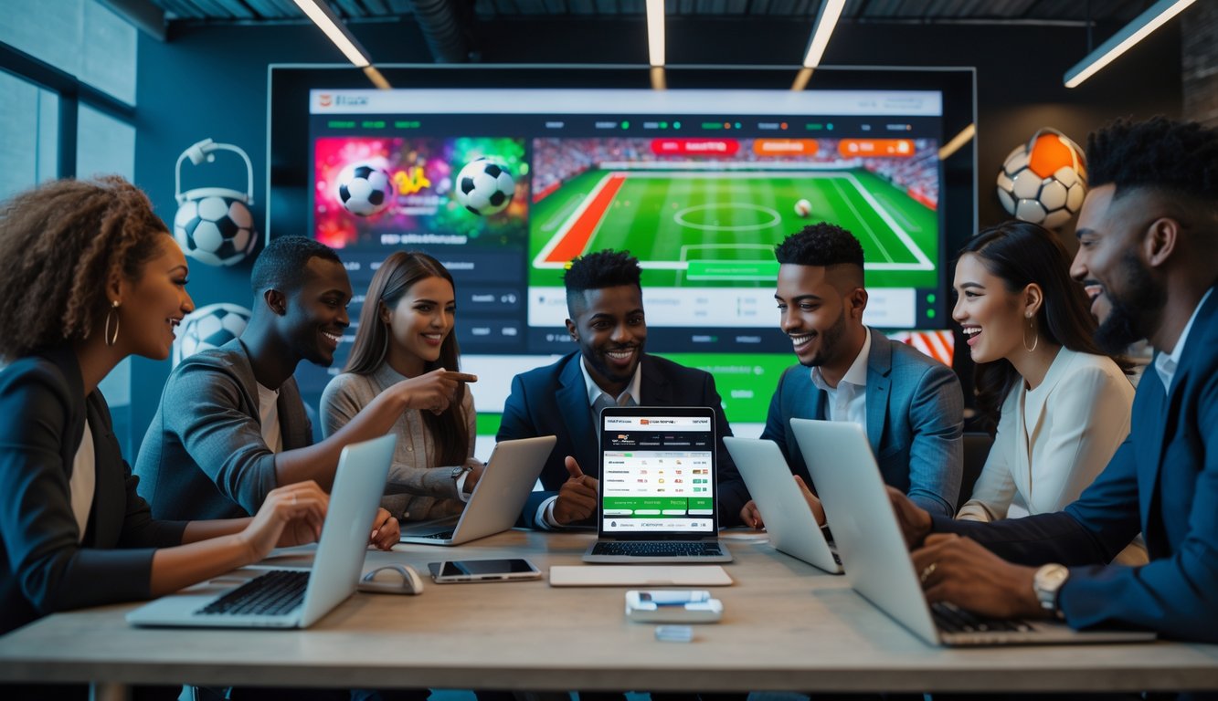 Sekelompok orang muda sedang menggunakan perangkat elektronik untuk bertaruh pada pertandingan sepak bola dalam ruangan modern yang terang.