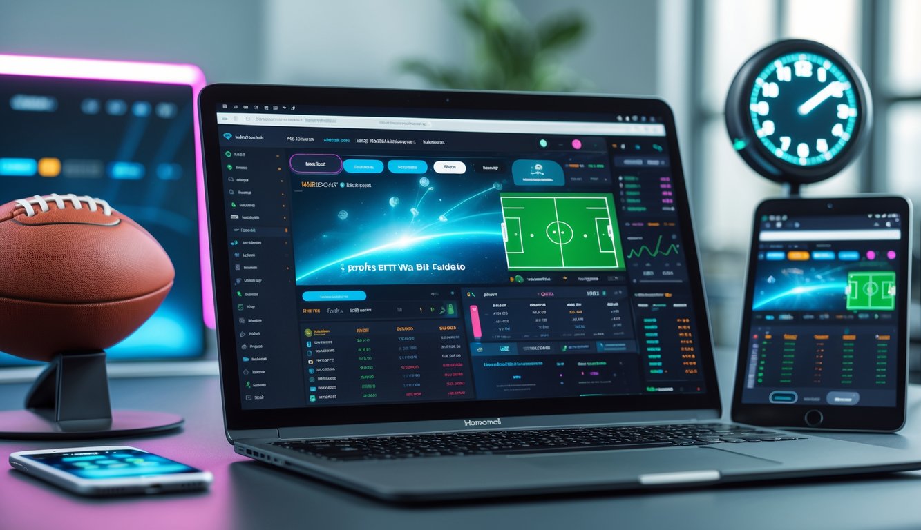 Seorang pria menggunakan laptop dan ponsel untuk memasang taruhan bola secara online di meja kerja modern dengan bola sepak di latar belakang.