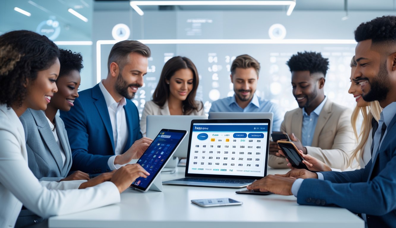 Sejumlah orang menggunakan perangkat digital di ruang kantor modern untuk bermain togel online.