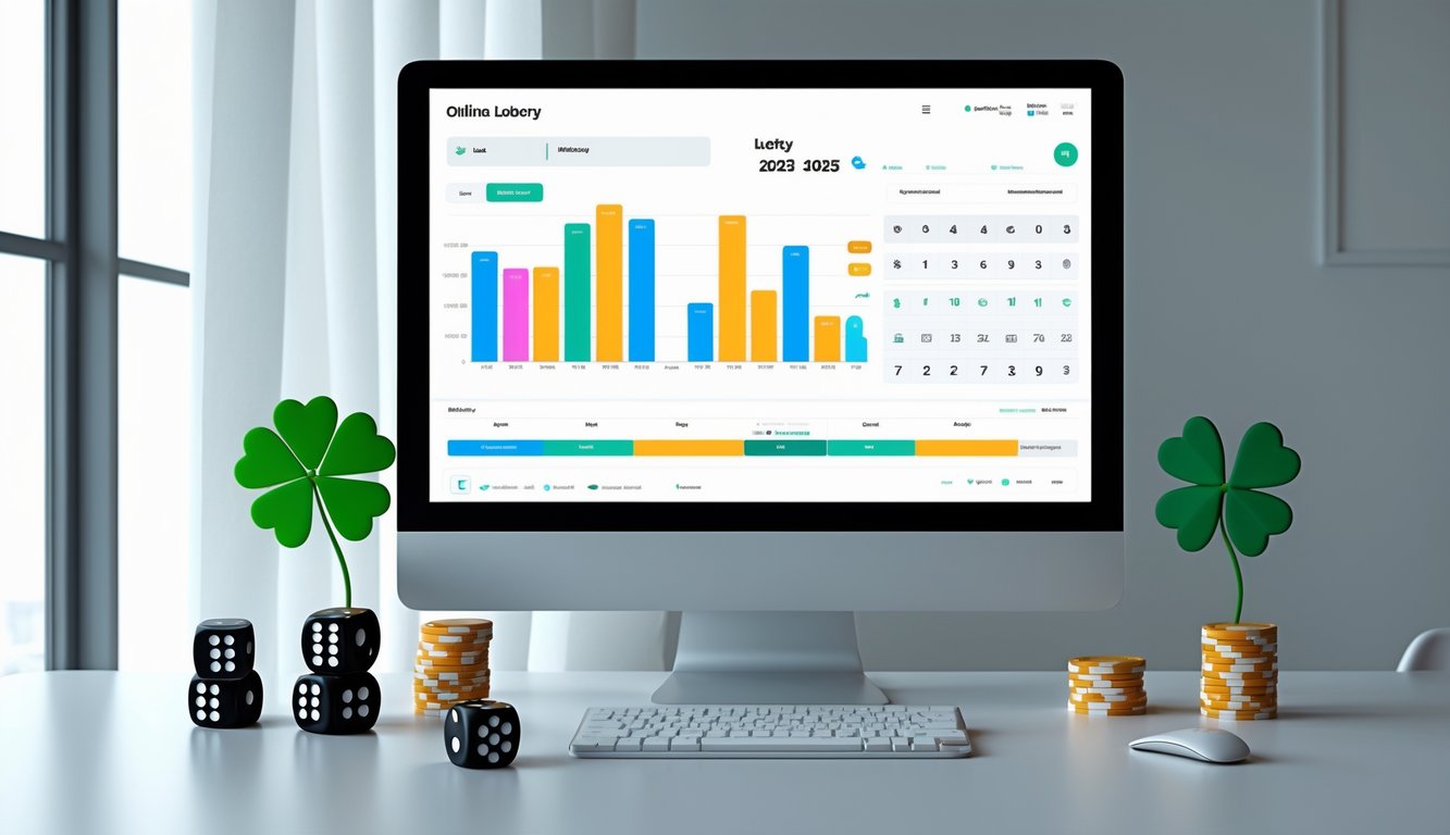 Meja kerja modern dengan komputer yang menampilkan grafik dan elemen terkait lotere, dikelilingi oleh dadu, chip poker, dan tanaman semanggi.