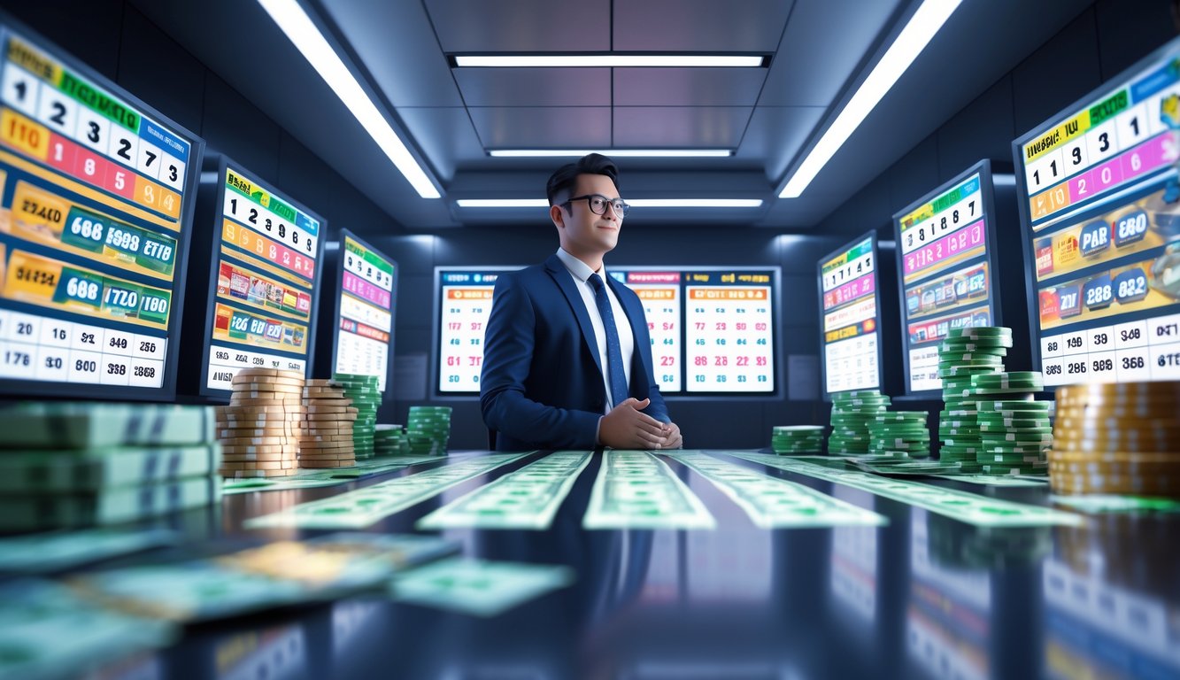 Seorang pria berpakaian rapi di kantor modern dengan layar digital menampilkan angka togel dan tumpukan uang di sekitar.