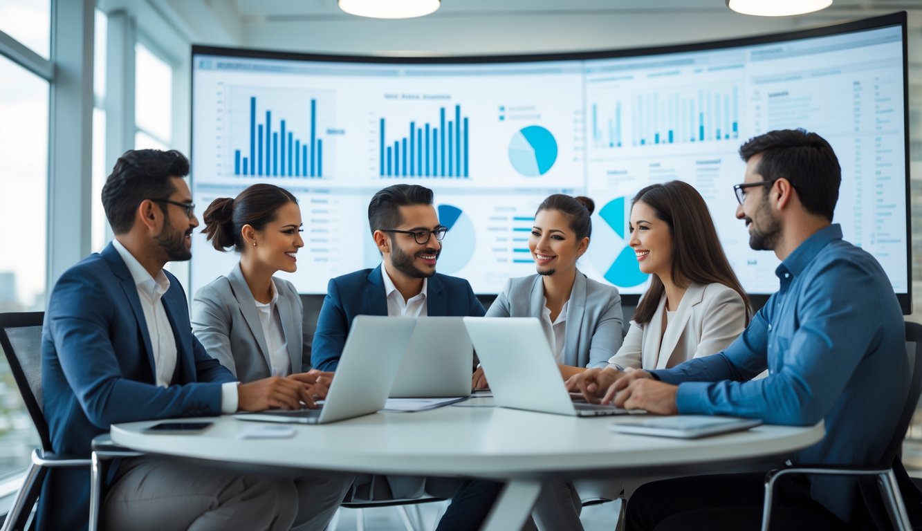 Sekelompok orang bekerja sama di kantor modern dengan layar digital menampilkan grafik dan data angka.