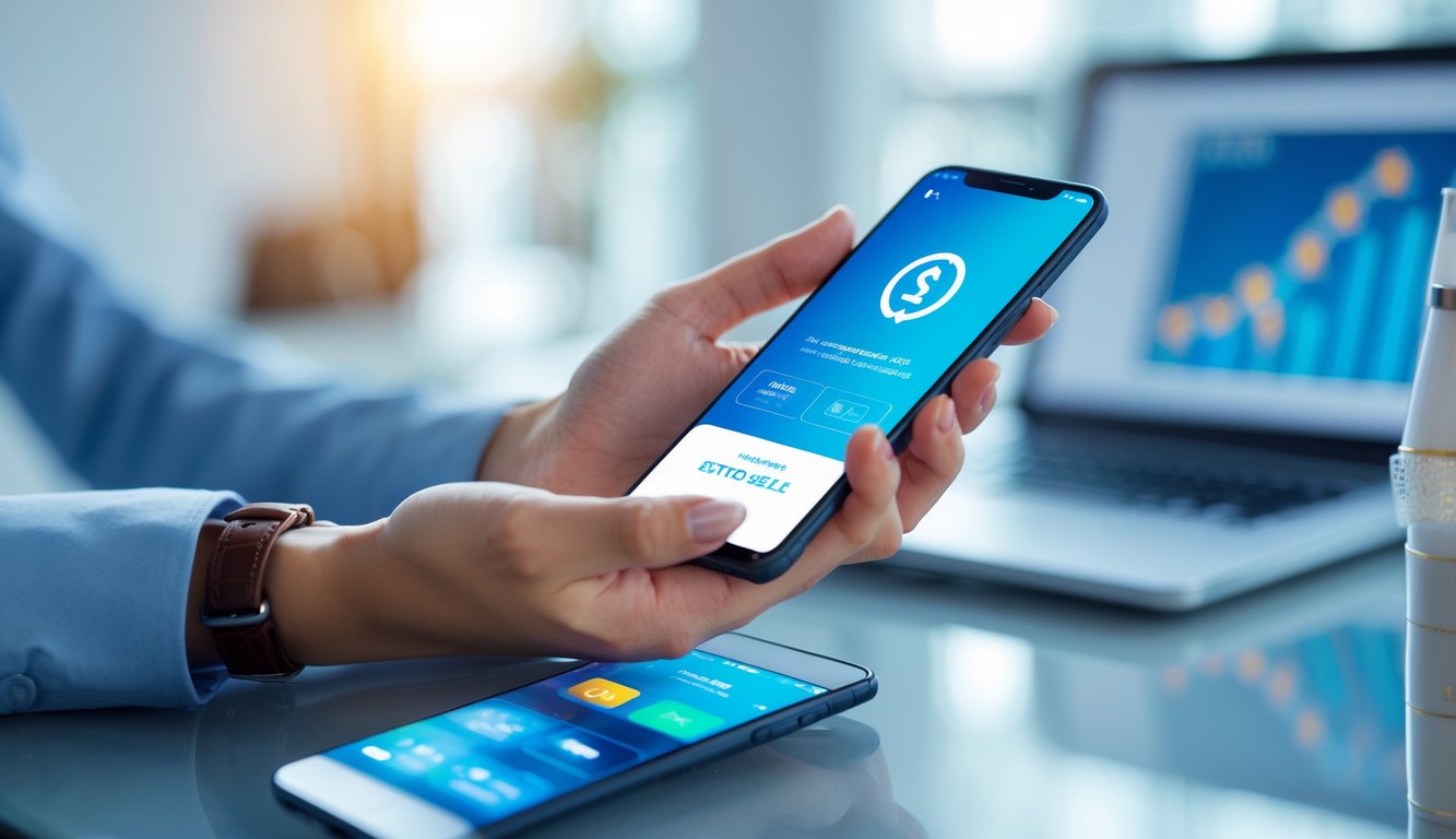 Seseorang memegang ponsel dengan aplikasi pembayaran digital terbuka di layar, di dalam ruangan kantor yang terang dan rapi.