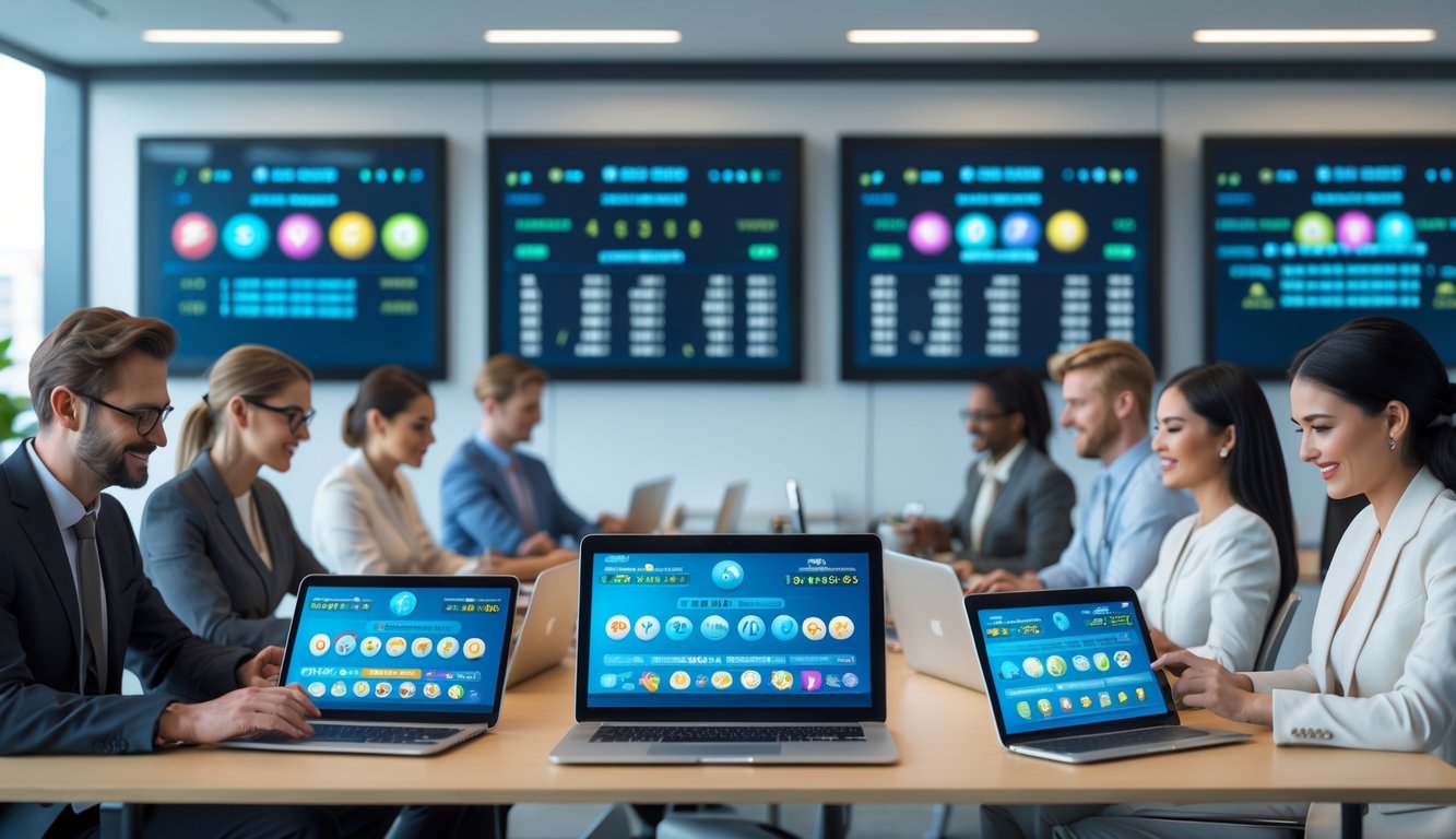 Orang-orang di kantor modern menggunakan perangkat digital untuk aktivitas togel online dengan layar besar menampilkan grafik dan angka.