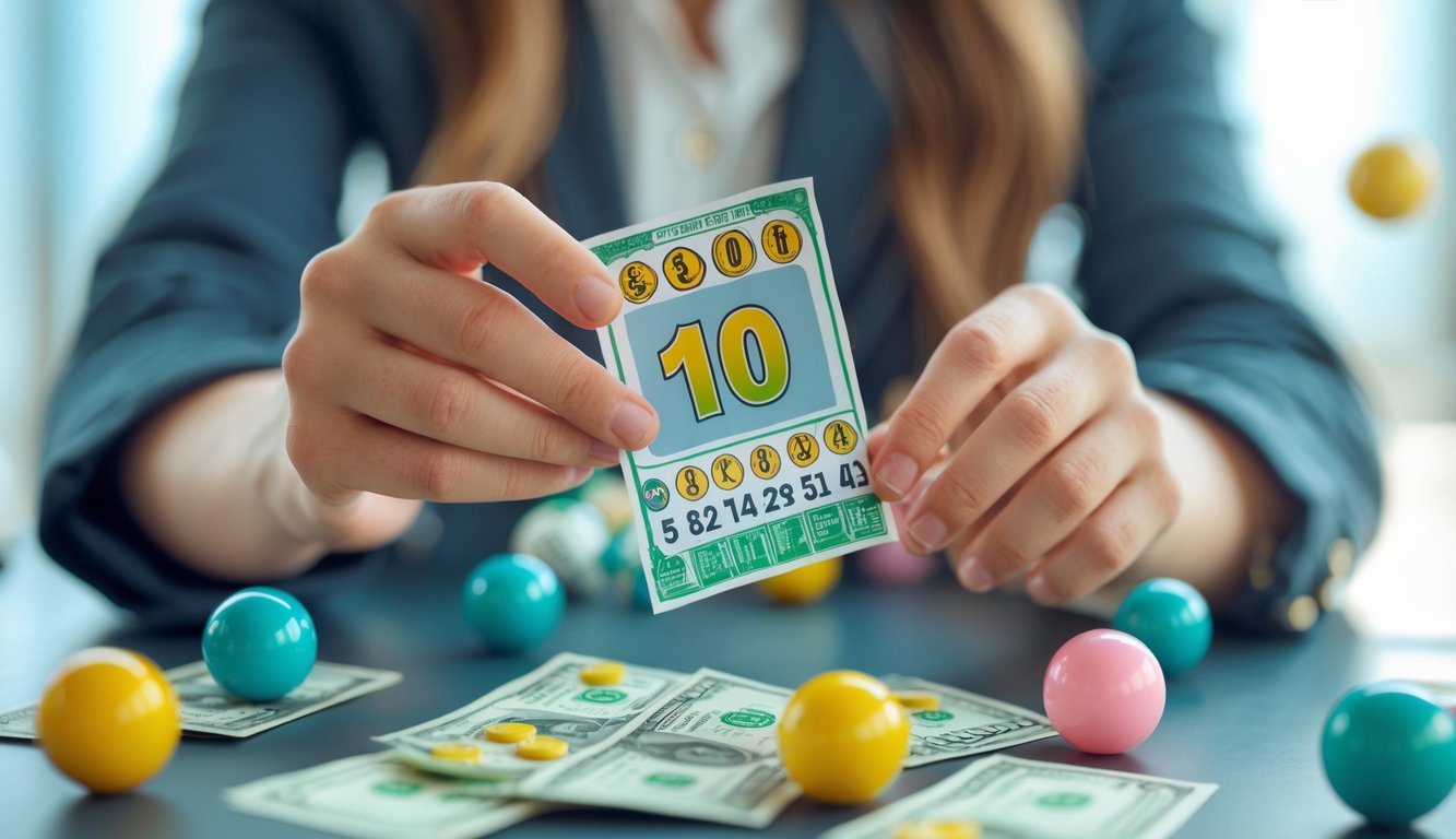 Seseorang memegang tiket lotere dengan latar belakang yang menunjukkan suasana antisipasi dan kegembiraan.