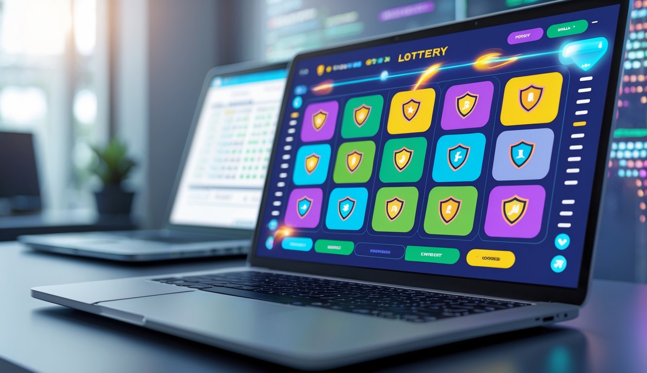 Sebuah laptop di meja kerja menampilkan antarmuka situs togel online dengan elemen keamanan dan kecepatan, di ruang kerja modern yang rapi.