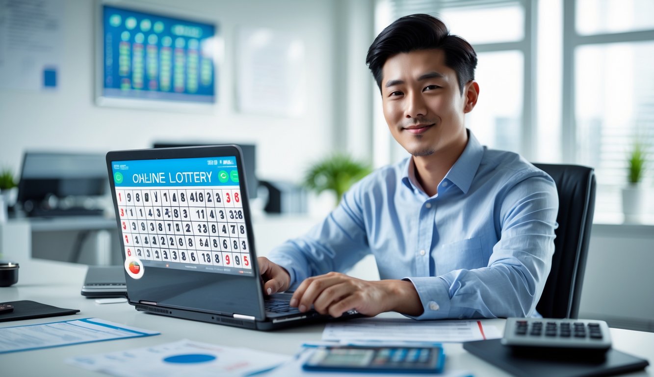 Seorang pria muda Asia duduk di meja kantor modern menggunakan laptop dengan grafik keuangan dan angka lotere di layar.
