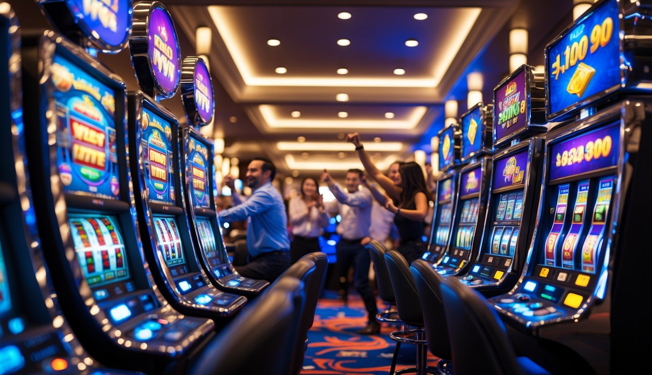 Suasana kasino modern dengan deretan mesin slot yang menyala dan pemain yang tampak antusias bermain.