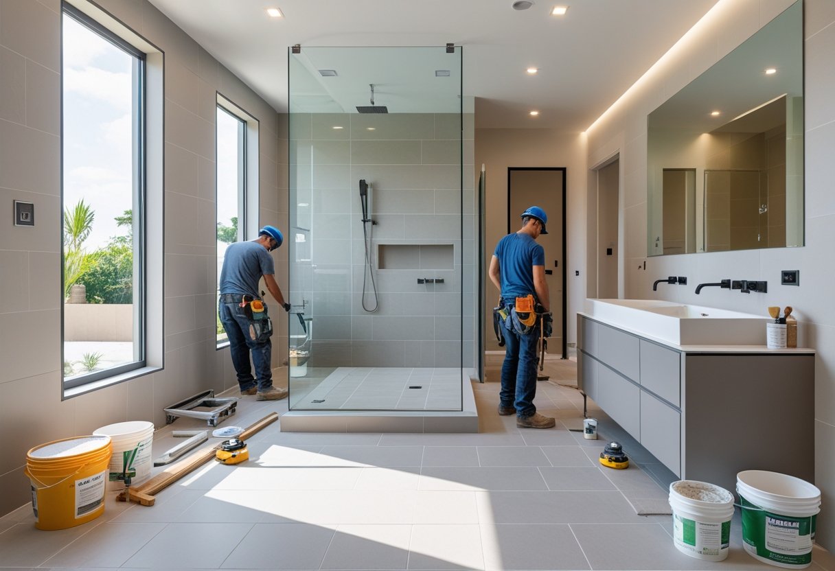 Reformas de baños en Huelva | Cerca de mí con OBRASUR: Guía completa y servicios 3 Trabajadores reformando un baño moderno con azulejos y una ducha de cristal en Huelva.