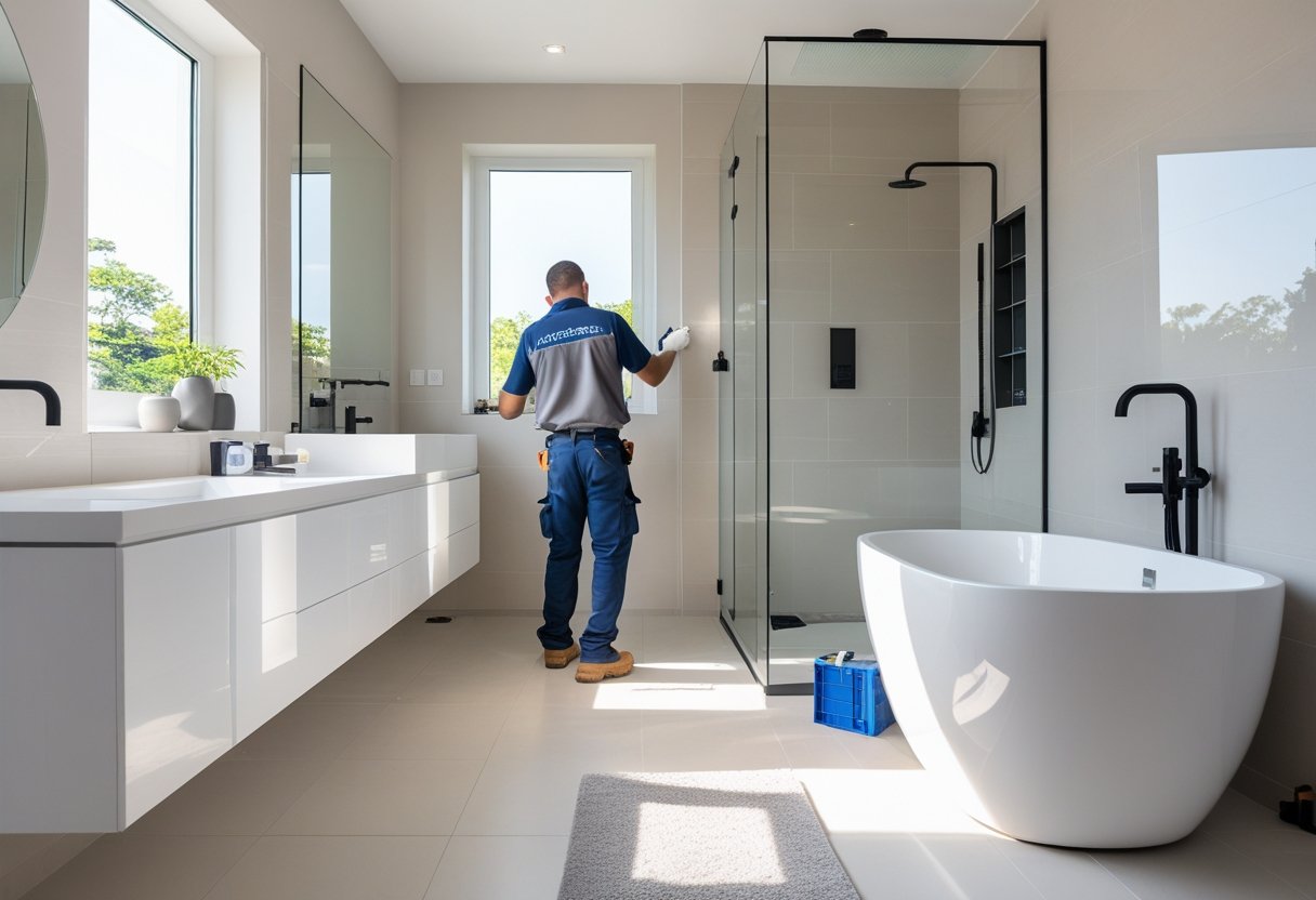 Reformas de baños en Huelva | Cerca de mí con OBRASUR: Guía completa y servicios 4 Un trabajador instalando un baño moderno y renovado en un espacio luminoso y limpio.