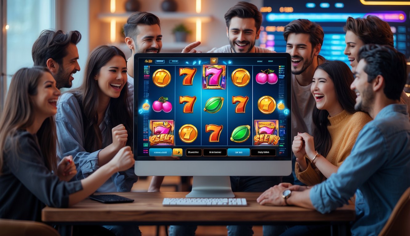 Sekelompok orang muda sedang bermain permainan slot online di depan komputer dengan ekspresi senang di sebuah ruangan yang nyaman.