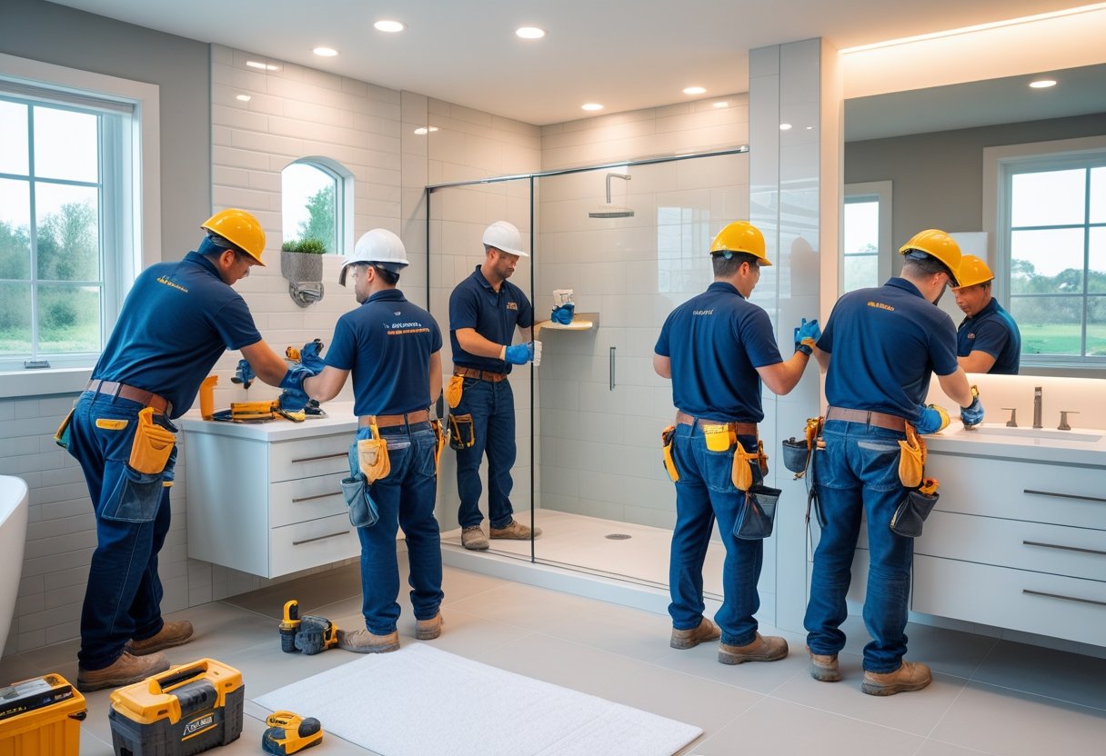 Reformas de baños en Huelva | Cerca de mí con OBRASUR: Guía completa y servicios 5 Equipo de profesionales trabajando en la reforma de un baño moderno con herramientas y materiales.