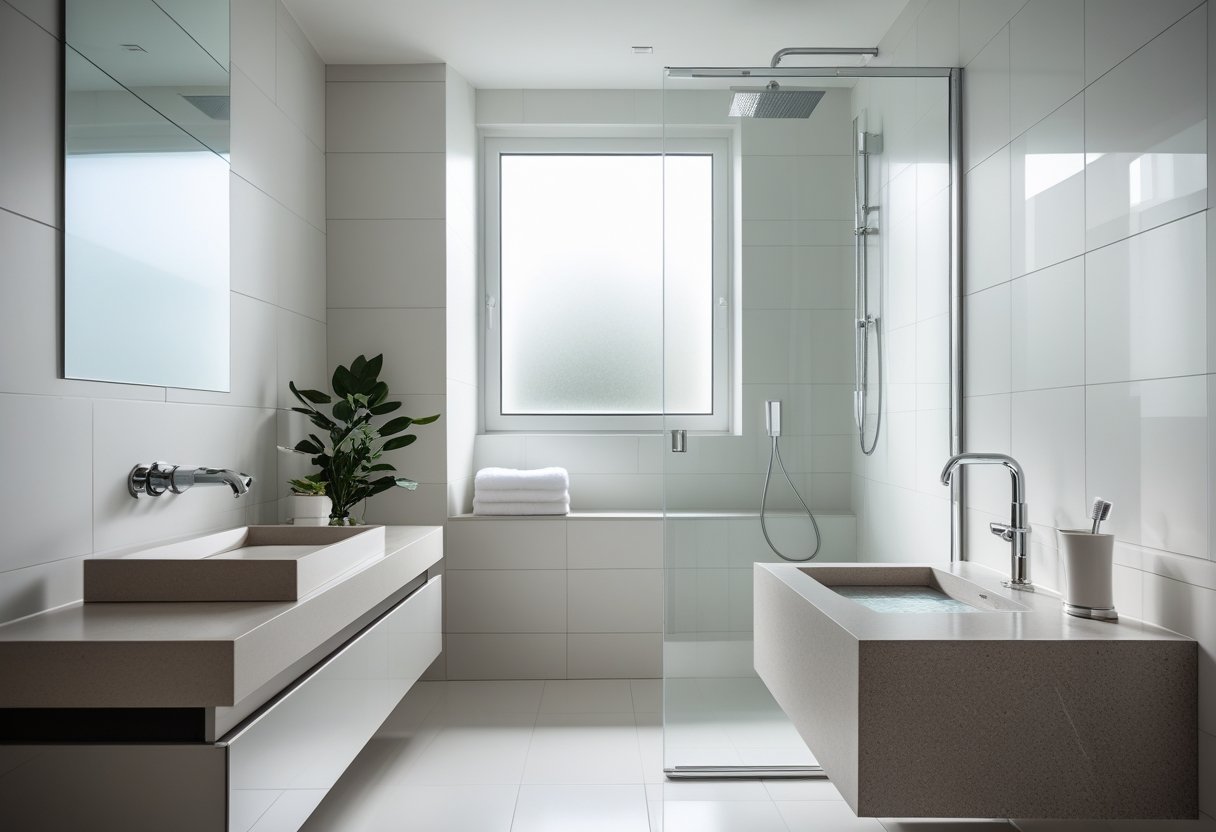 Reformas de baños en Huelva | Cerca de mí con OBRASUR: Guía completa y servicios 6 Baño moderno y renovado con materiales de alta calidad, incluyendo azulejos blancos, encimera de piedra, grifería cromada y ducha con mampara de vidrio.